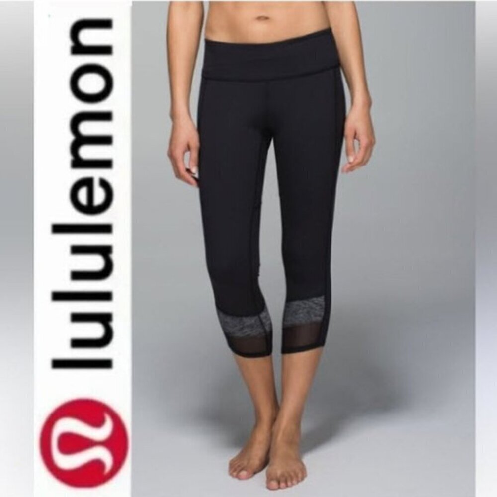 lululemon athletica Black Cropped Leggings with Mesh & Heathered Gray Panels